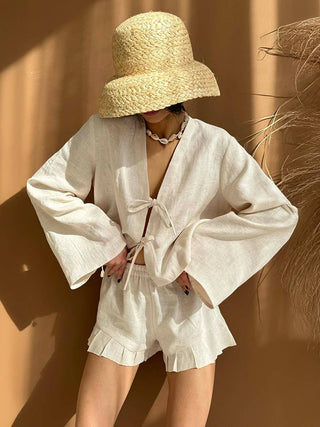 Summer Cotton Tie Cardigan Shorts Set
