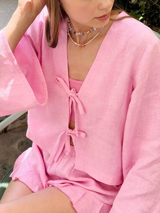 Summer Cotton Tie Cardigan Shorts Set