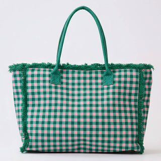 Gingham Check Terry Cloth Frayed Shoulder Tote Bag