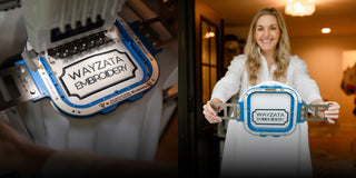 image showing a close-up of a Wayzata Embroidery machine head and a smiling woman holding a blue and white Wayzata Embroidery machine in a warmly lit indoor setting