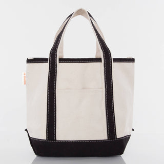 White tote bag with black accents on a white background